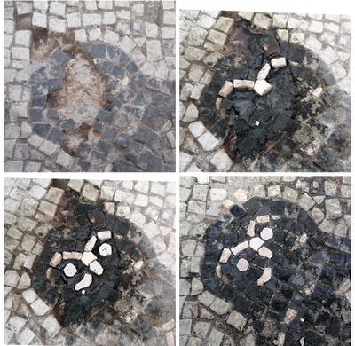 Particolare mosaico, prima, durante e dopo il restauro